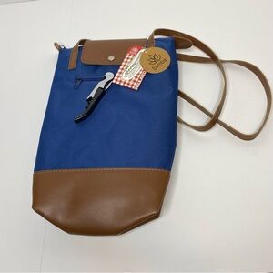 Samba‎ Insulated Wine Bag Blue Brown holds 25oz Wine Bottle with Corkscrew.